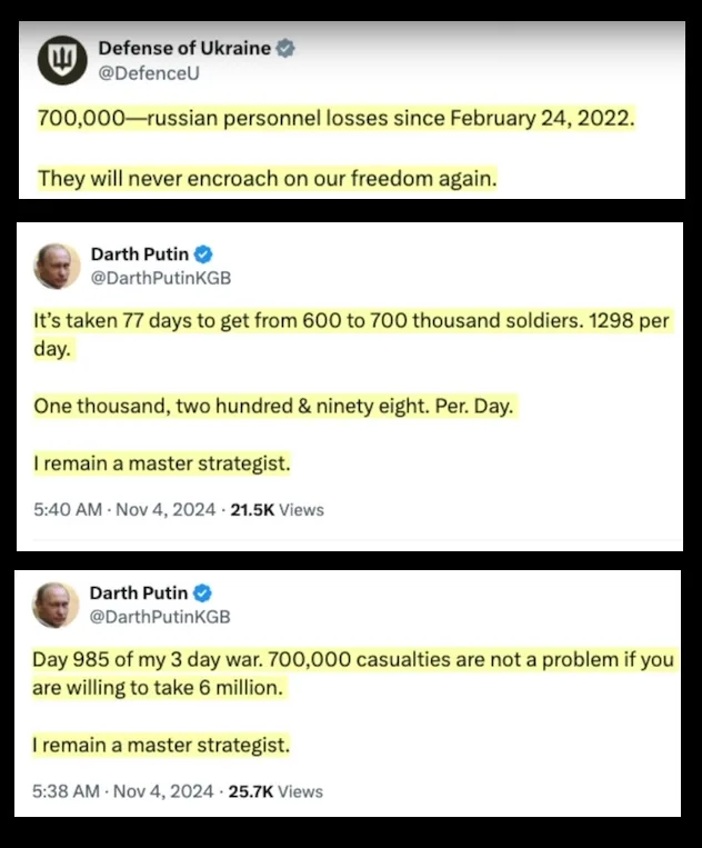 The image displays three Twitter posts. The top post from 'Defense of Ukraine' claims 700,000 Russian losses since Feb 24…