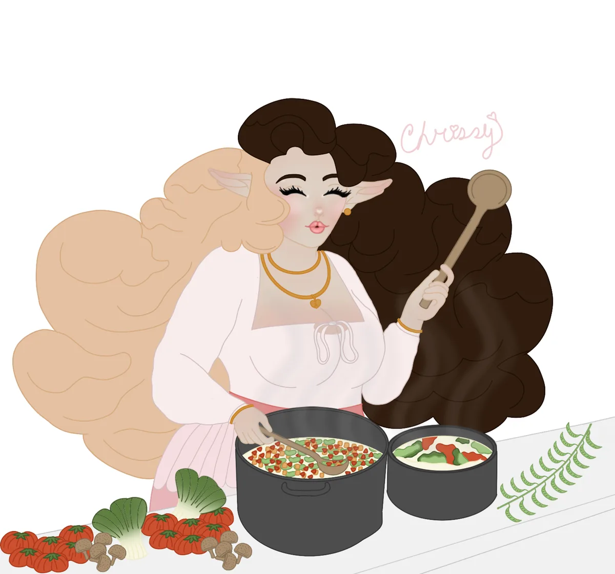 An illustrated elf woman with large, fluffy, multi-toned wings stirs a pot of colorful food with a wooden spoon, surrounded…