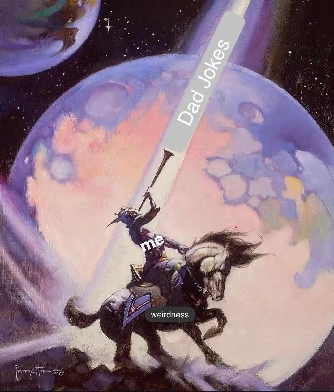 A fantasy painting depicts a knight on a horse wielding a lance, charging across a cosmic landscape with planets and stars…