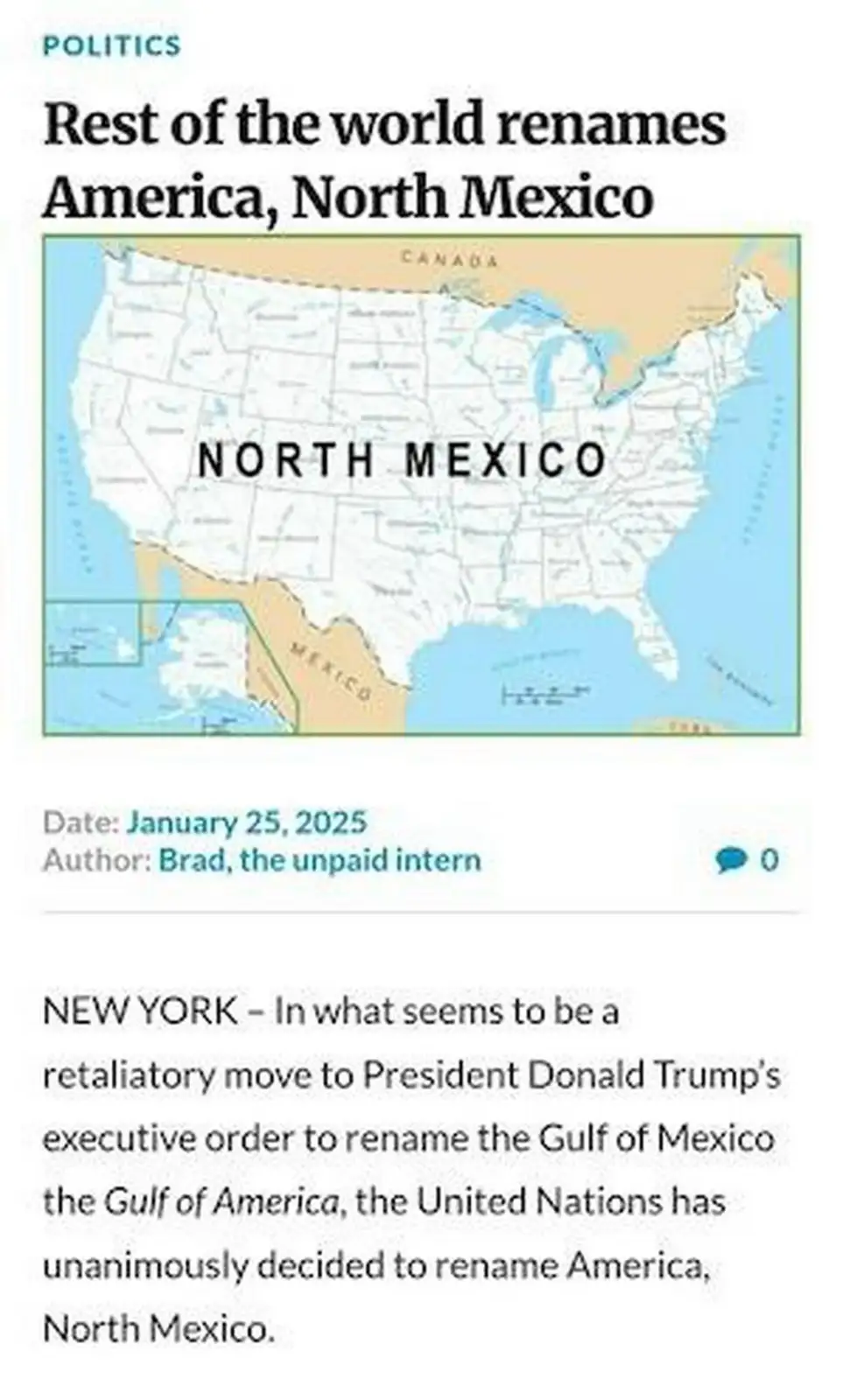 An image mimicking a fake news article with a map of the United States labeled 'NORTH MEXICO' in large black text. The…