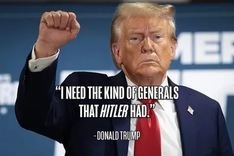 A photo of Donald Trump with his right fist raised, wearing a dark suit, white shirt, and red tie. The image has white text…