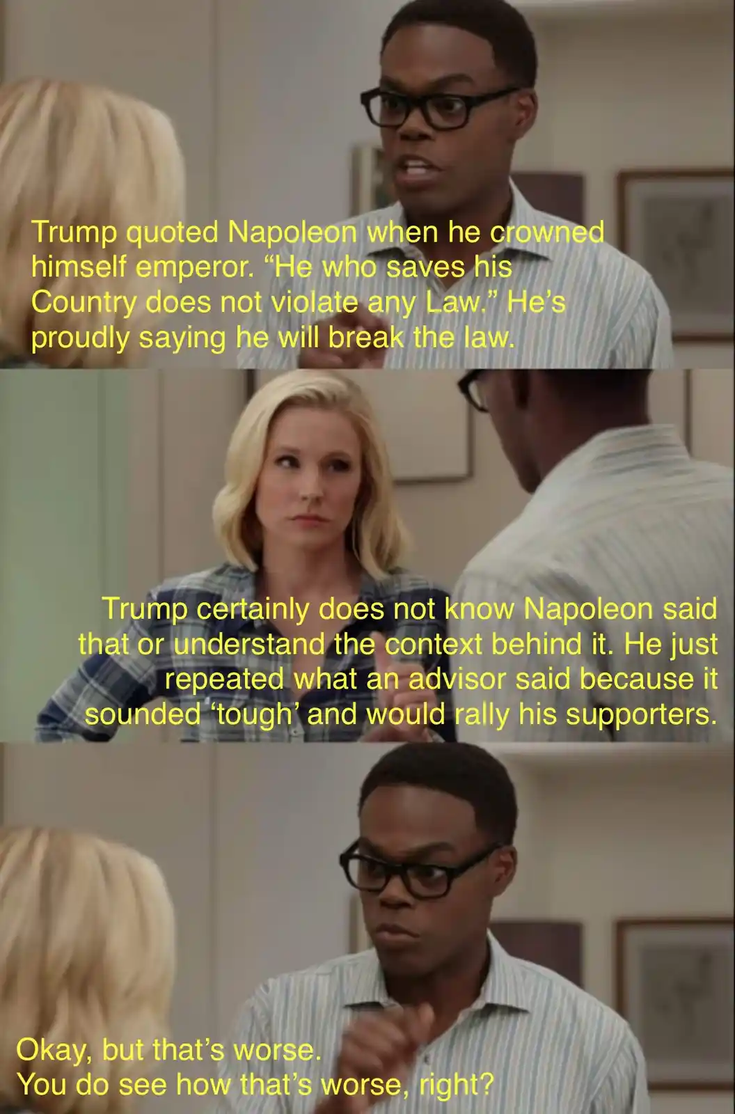 A three-panel meme using scenes from the TV show 'The Office' featuring a Black man in glasses and a blonde woman. The top…