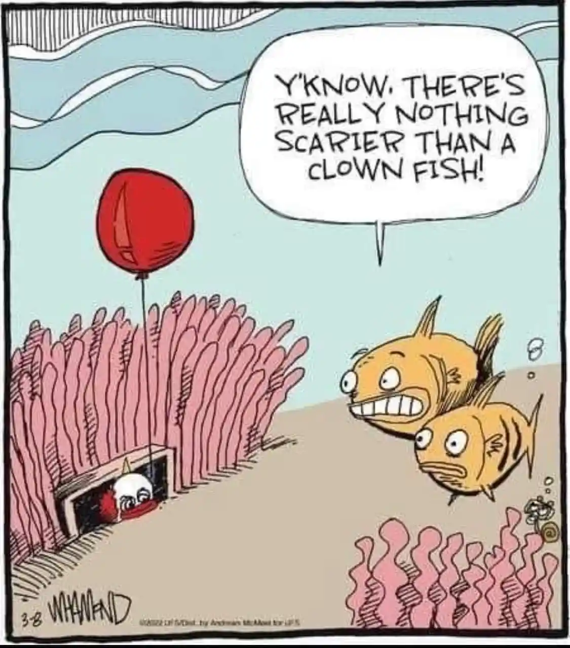 Two terrified yellow fish with wide eyes and bared teeth float in an underwater scene, looking toward a clownfish hiding in…