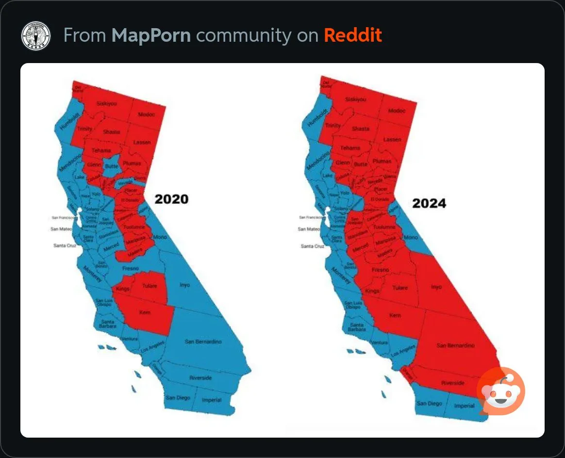 Two side-by-side maps of California show county-level election results, with 2020 labeled on the left and 2024 on the right…