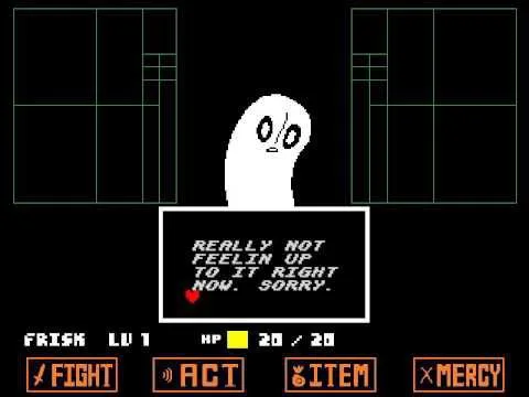 A pixelated white ghost character with large eyes appears in a black background with green grid lines, resembling a game…