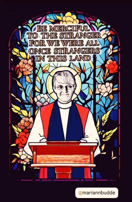 A stylized stained-glass window image features a smiling man in clerical attire standing behind a wooden pulpit. The window…