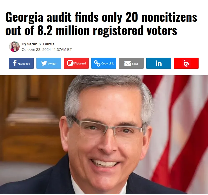 A screenshot of a news article headline reading 'Georgia audit finds only 20 noncitizens out of 8.2 million registered…