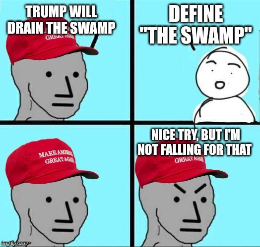 A four-panel comic strip featuring a gray, featureless face wearing a red 'Make America Great Again' cap. The top-left panel…