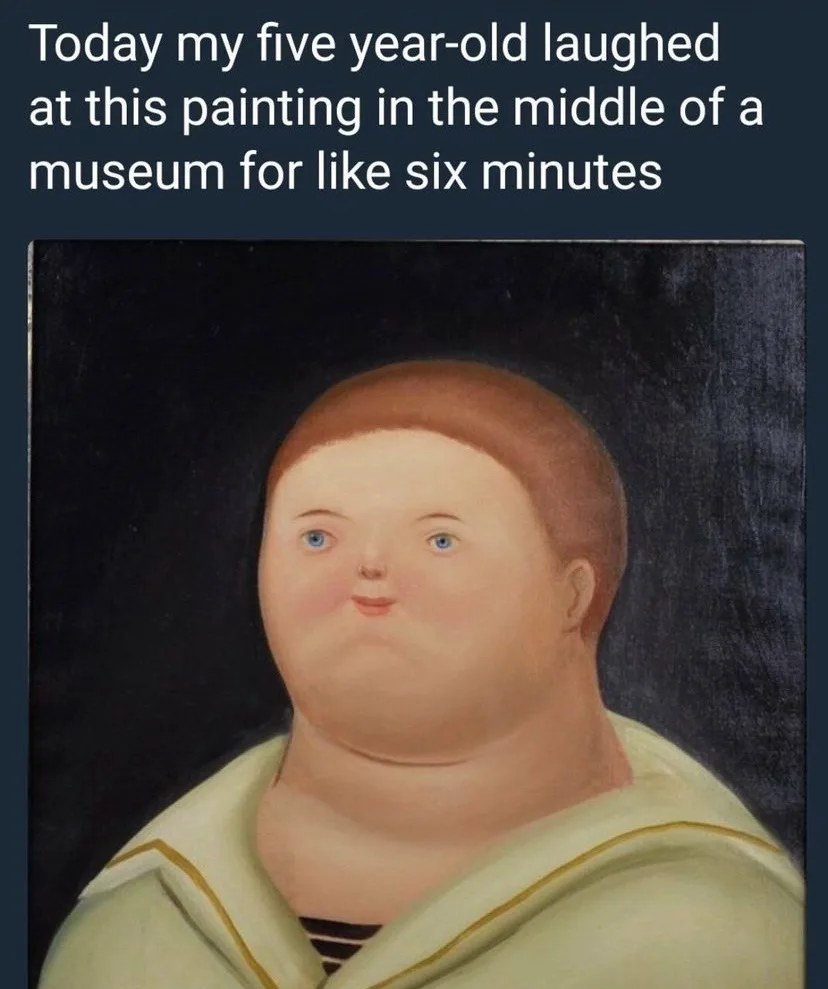 The image shows a painting of a plump child with a solemn expression, wearing a light-colored garment with gold trim against…