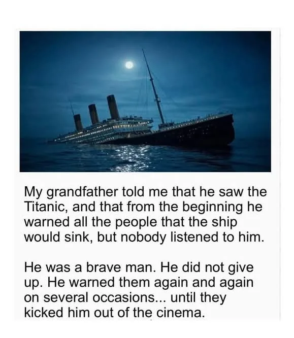 A nighttime photo of the Titanic sailing under a full moon, overlaid with text about a grandfather who warned people in a…