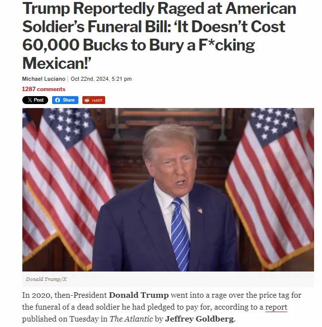 A screenshot of a news article headline about Donald Trump reportedly raging over the cost of a soldier's funeral, overlaid…