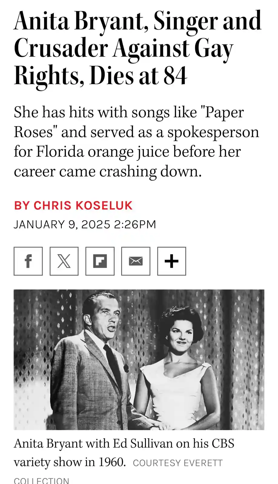 A black-and-white newspaper article clipping shows a photo of Anita Bryant and Ed Sullivan on his 1960 CBS variety show. The…