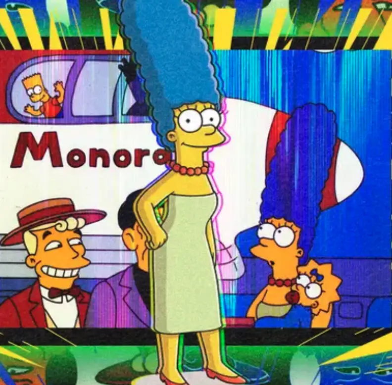 A distorted, glitchy image of Marge Simpson standing confidently in a light green dress and red heels, with Bart Simpson…