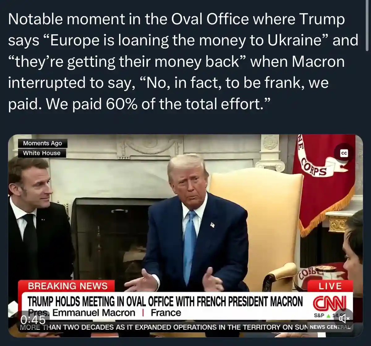 A screenshot from a CNN news broadcast shows Donald Trump and Emmanuel Macron seated in the Oval Office during a meeting…