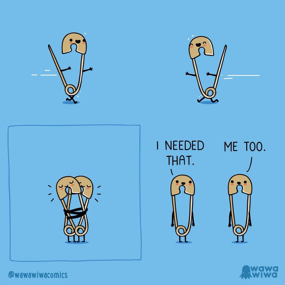 Two cartoon safety pins run toward each other, then collide and get tangled together in a box. They then stand apart and say…