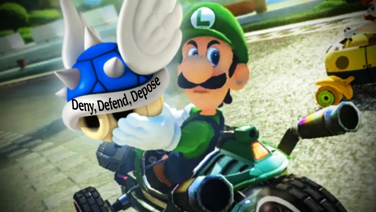 Luigi is in a green kart, looking surprised as a blue spiked shell with white wings and the text 'Deny, Defend, Depose' is…
