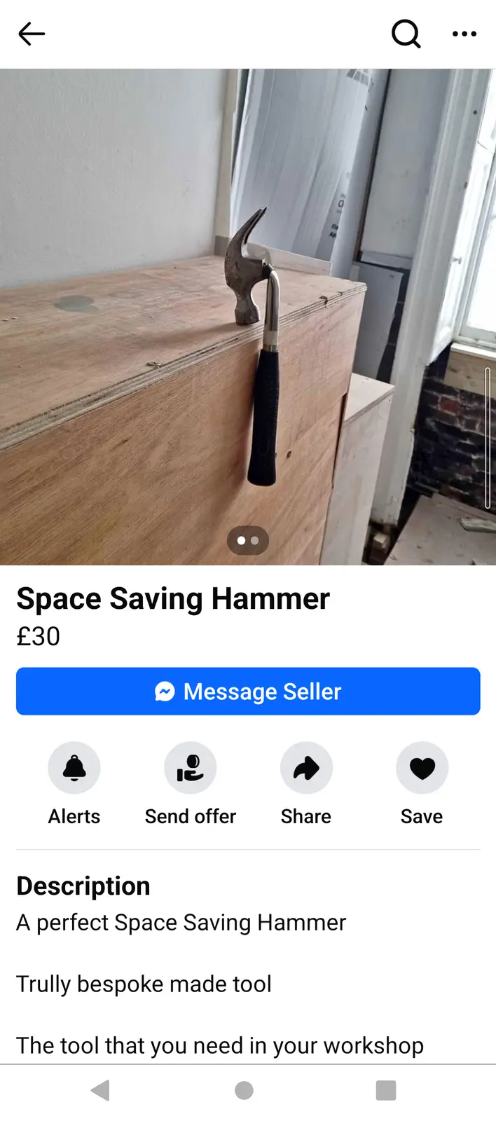 A hammer is shown stuck vertically into the edge of a wooden box, appearing to be a space-saving design. The listing text…