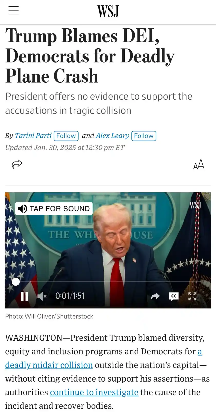 A screenshot of a Wall Street Journal article with a headline reading 'Trump Blames DEI, Democrats for Deadly Plane Crash'…