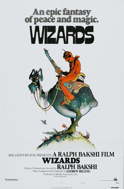 A movie poster for 'Wizards' (1977) by Ralph Bakshi, featuring a cartoonish wizard in orange robes riding a green, armored…