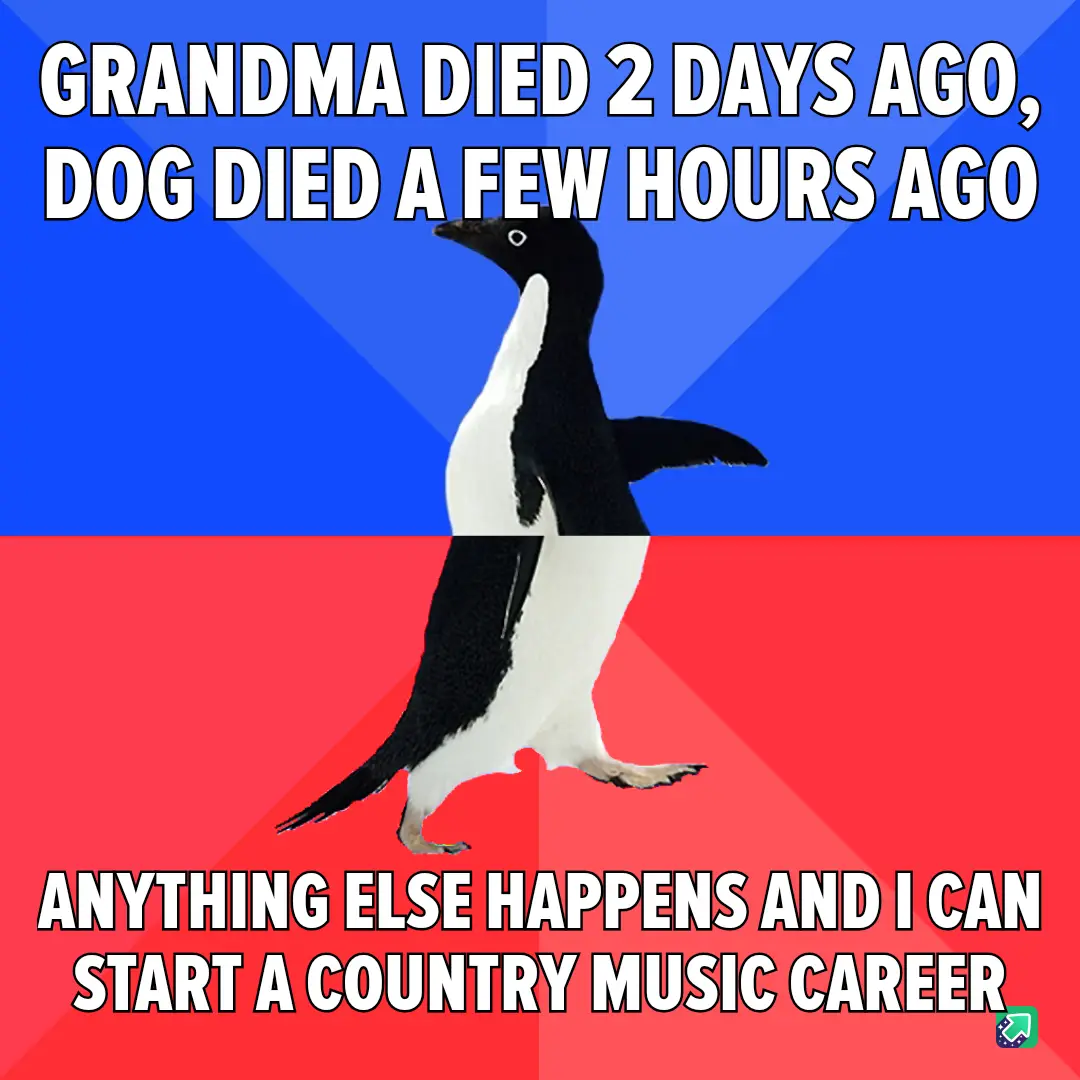 A black-and-white penguin stands centered against a split blue and red background. The top text reads 'GRANDMA DIED 2 DAYS…