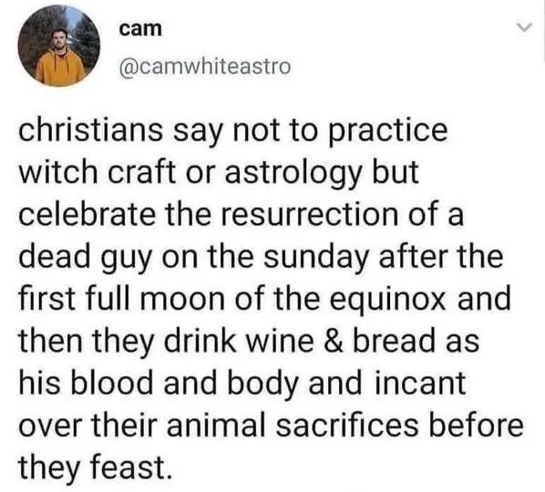 A screenshot of a tweet by user 'cam' (@camwhiteastro) showing a block of text that reads: 'christians say not to practice…