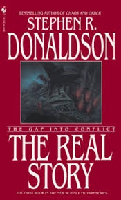 A book cover for Stephen R. Donaldson's 'The Gap Into Conflict' shows a dark, atmospheric scene with a figure in a hooded…