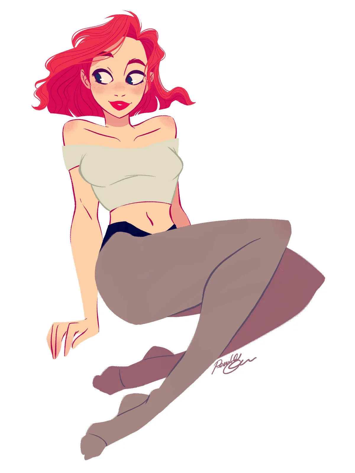 A cartoon-style illustration of a woman with vibrant red hair, wearing a light green off-the-shoulder crop top and dark…