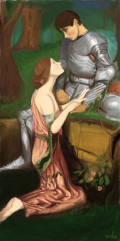 A romantic painting depicts a knight in full silver armor kneeling beside a kneeling woman in a flowing pink and green…