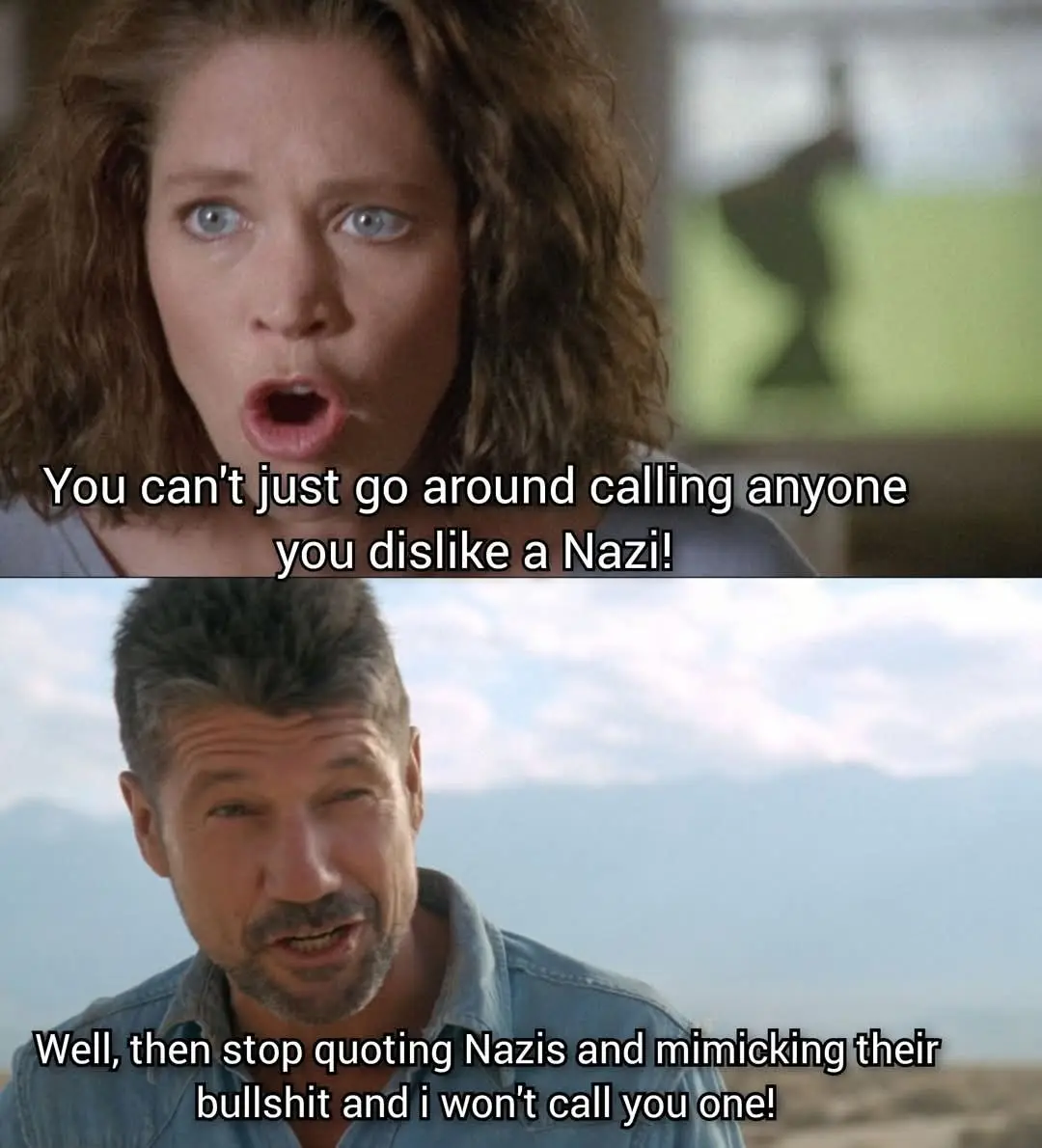 The meme features two panels from the movie 'The Terminator'. The top panel shows a woman with wide eyes and an open mouth…