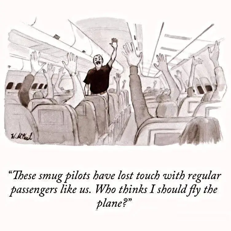 A black-and-white cartoon depicts a man in a dark shirt standing in an airplane aisle, raising his hand with a smug…