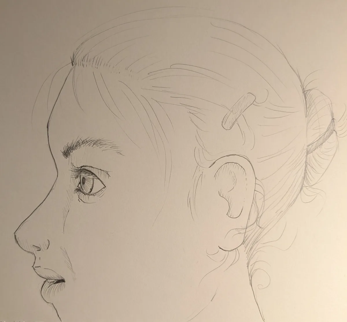 A pencil sketch of a person's head in profile, showing detailed features like the eye, nose, ear, and hair tied back with a…