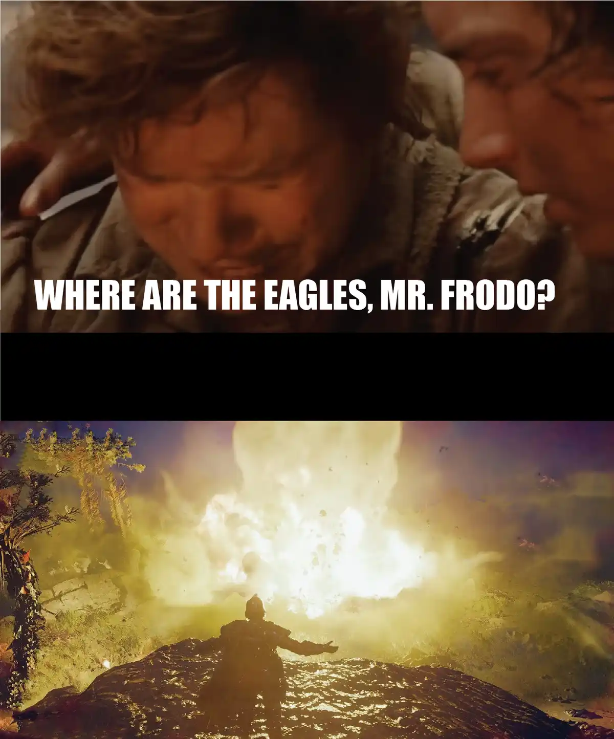 The top panel shows a close-up of a distressed Frodo Baggins from 'The Lord of the Rings' with another character beside him…