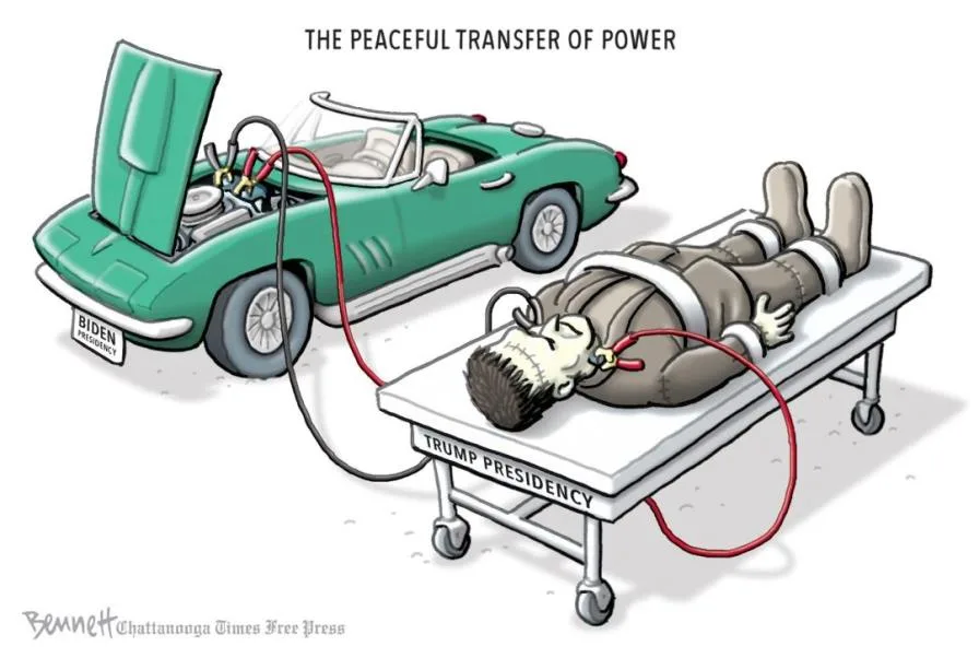 A cartoon depicts a green convertible with 'BIDEN PRESIDENCY' on its license plate, its hood open, connected by jumper…
