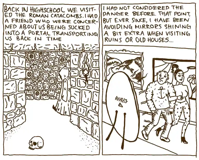 A two-panel comic strip shows a person walking through stone catacombs with a skull on the floor, then later walking past a…