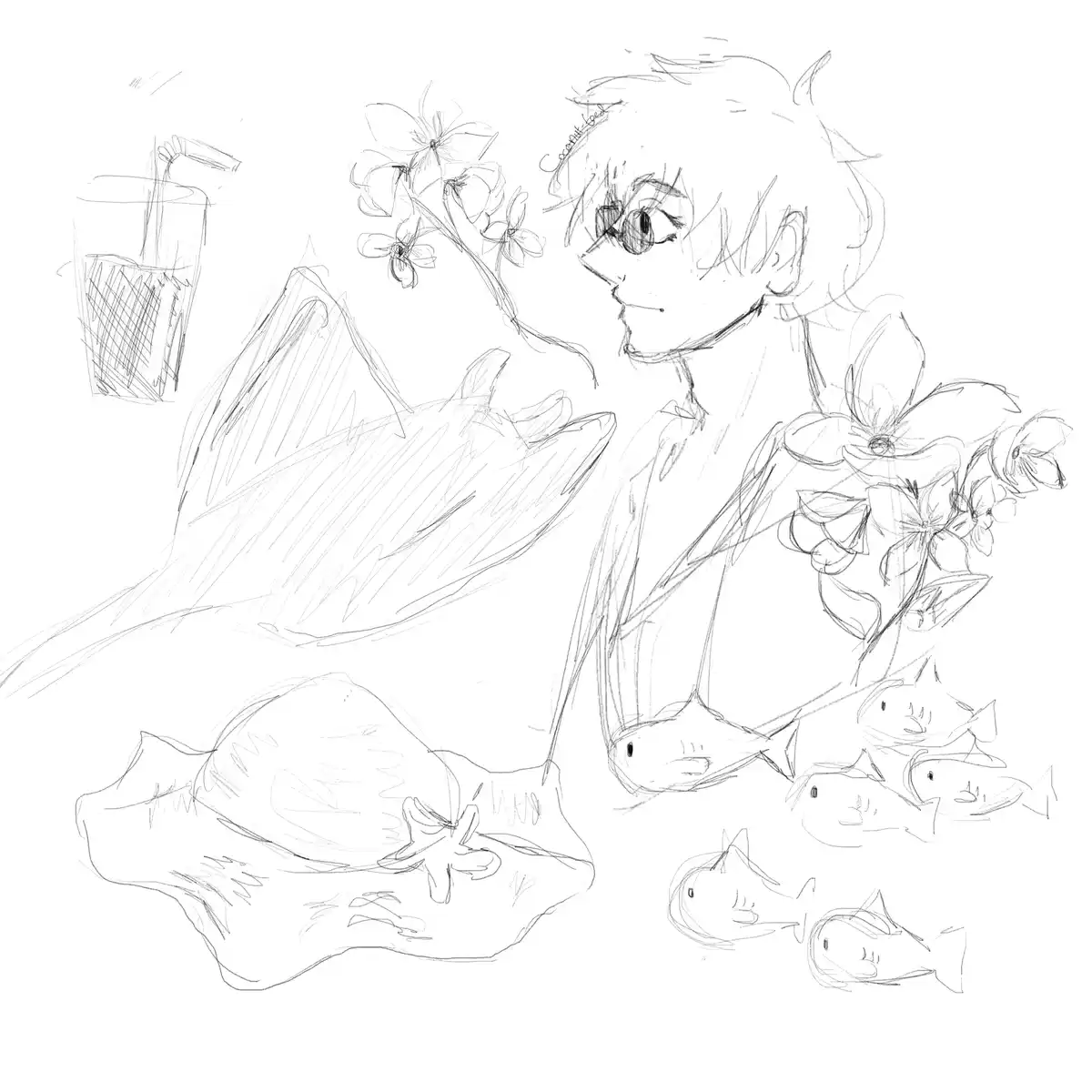 A black-and-white sketch shows a human-like anime character with fish-like features, surrounded by various fish drawings…
