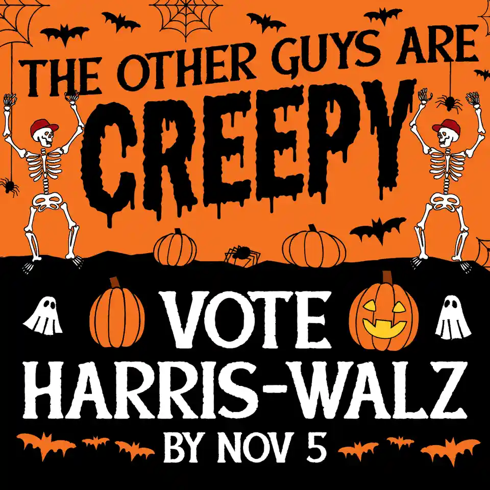 An orange and black Halloween-themed image features four identical skeletons in red hats, each holding ropes above the words…
