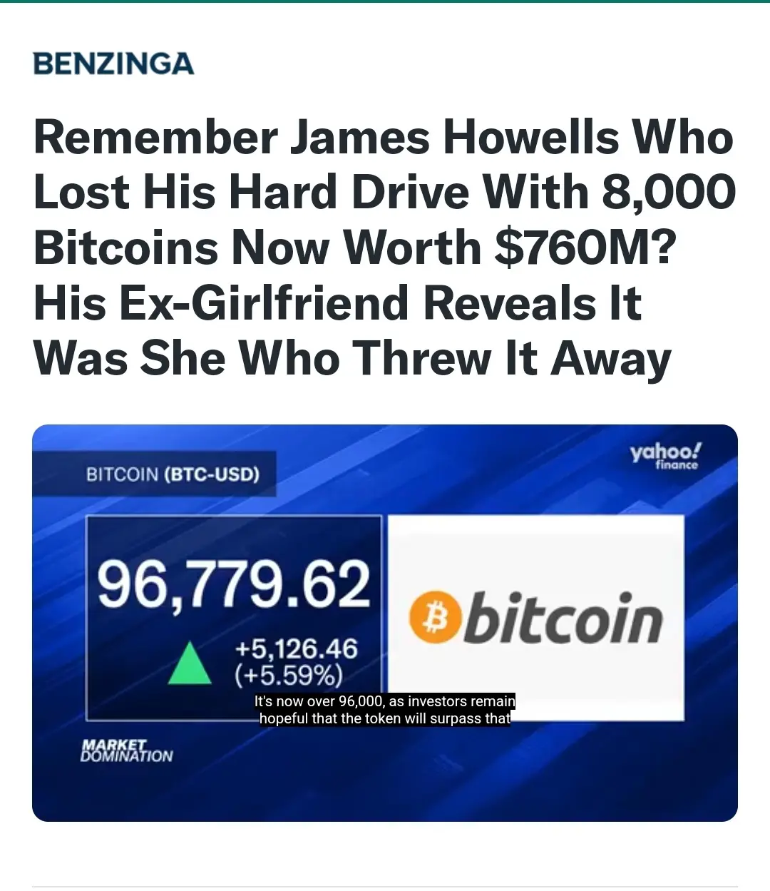 The image shows a Yahoo Finance Bitcoin price ticker displaying $96,779.62 with a green upward arrow, overlaid with a news…