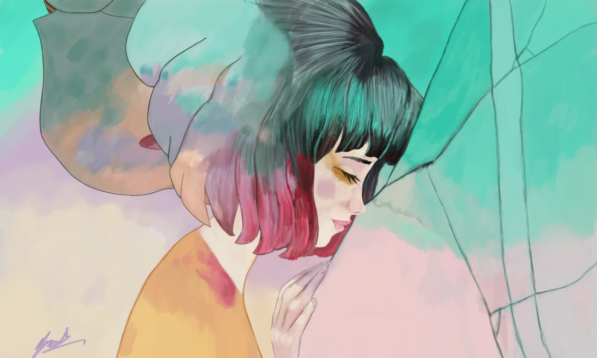 An anime-style illustration shows a woman with short, two-toned hair (teal and red) looking down with a tear on her cheek…