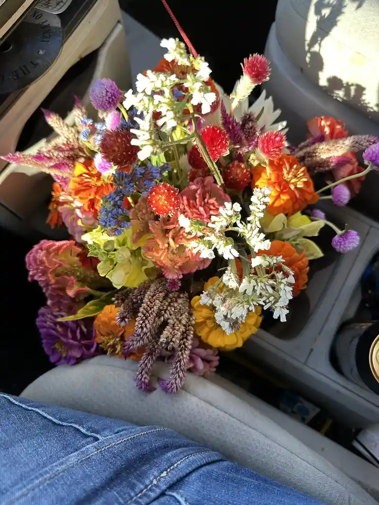 A vibrant, colorful bouquet of assorted flowers including orange zinnias, purple globe amaranth, and white baby's breath…