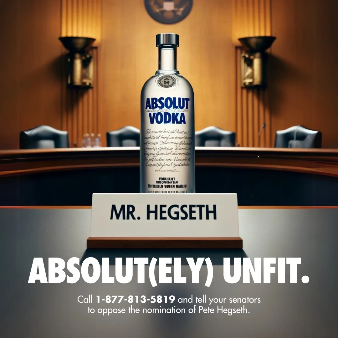 A bottle of Absolut Vodka sits on a courtroom witness stand with a nameplate reading 'MR. HEGSETH'. The overlaid text reads…