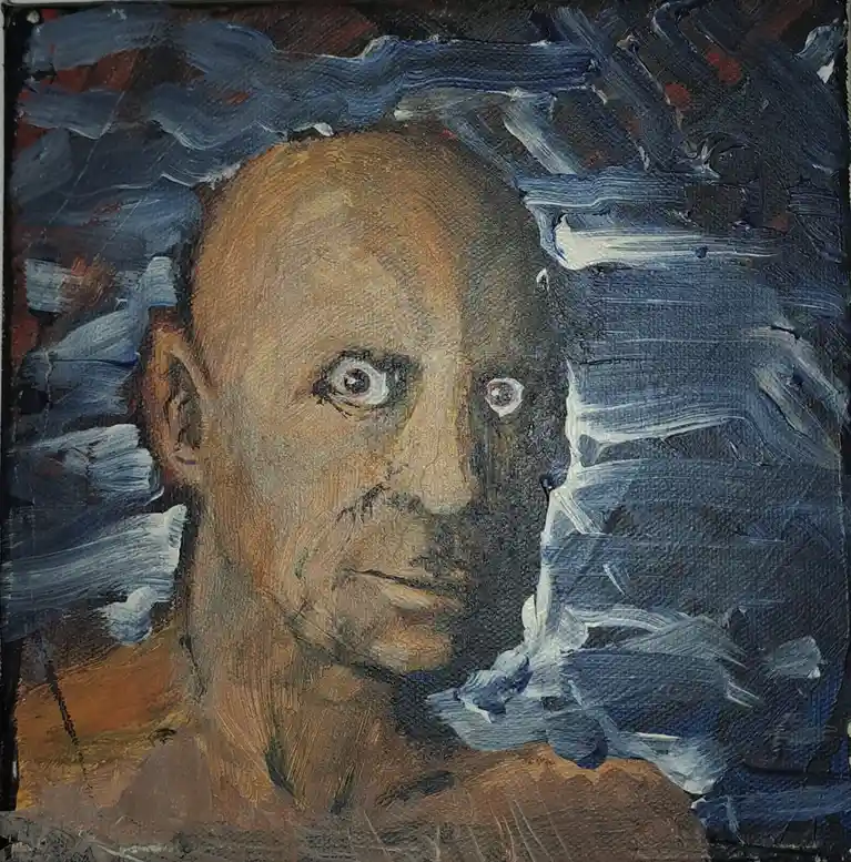 A textured oil painting depicts a bald man with a serious expression, his face partially obscured by thick, dark blue and…