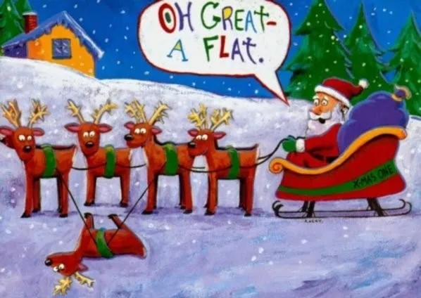 A cartoon illustration shows Santa Claus in his sleigh pulled by four reindeer, all looking surprised. One reindeer is lying…