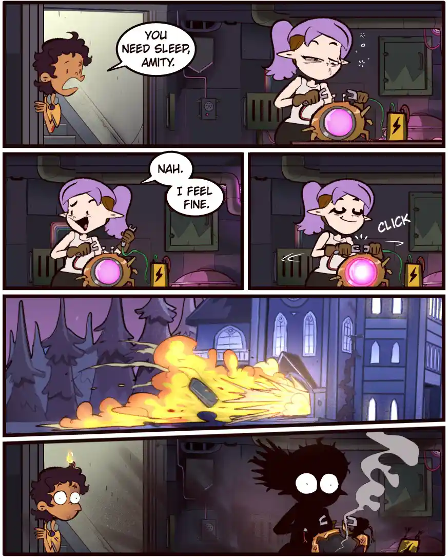 A comic strip shows a character telling Amity she needs sleep, but she refuses, saying she feels fine. She then presses a…