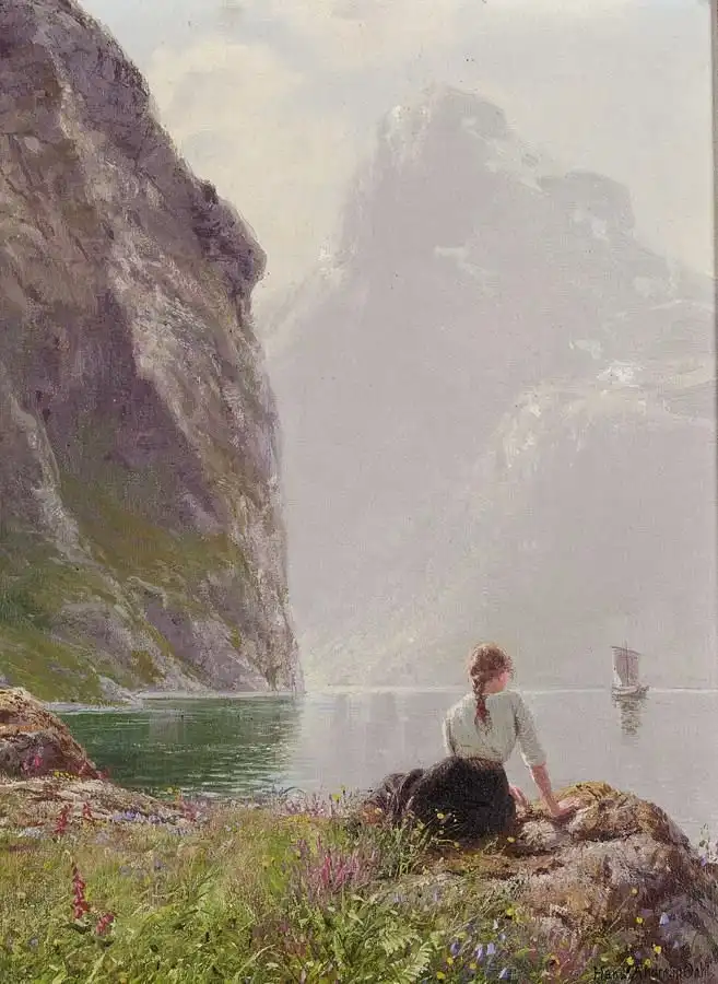 A vintage painting depicts a woman in a white blouse and dark skirt sitting on a rocky shore, gazing out at a misty fjord…