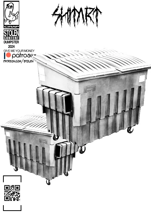 A black-and-white image shows two large, industrial-style dumpsters stacked one on top of the other. The top dumpster has a…