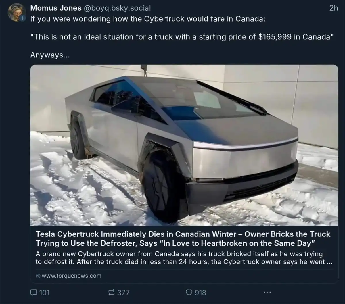 A silver Tesla Cybertruck is parked in deep snow, its angular design and large black tires visible. The overlaid text reads…