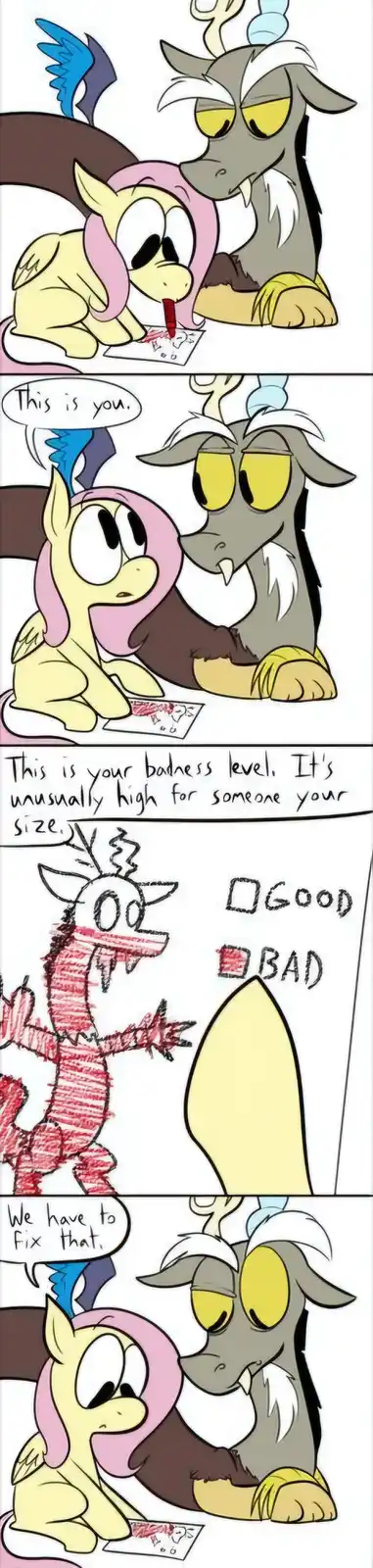 A four-panel comic strip featuring two cartoon characters: a small yellow pony with pink hair and a large grey goat-like…