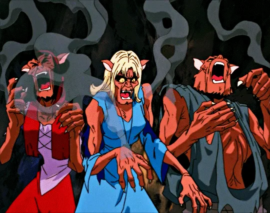 The image shows two rows of animated characters, each row depicting a sequence of frames where the characters progressively…
