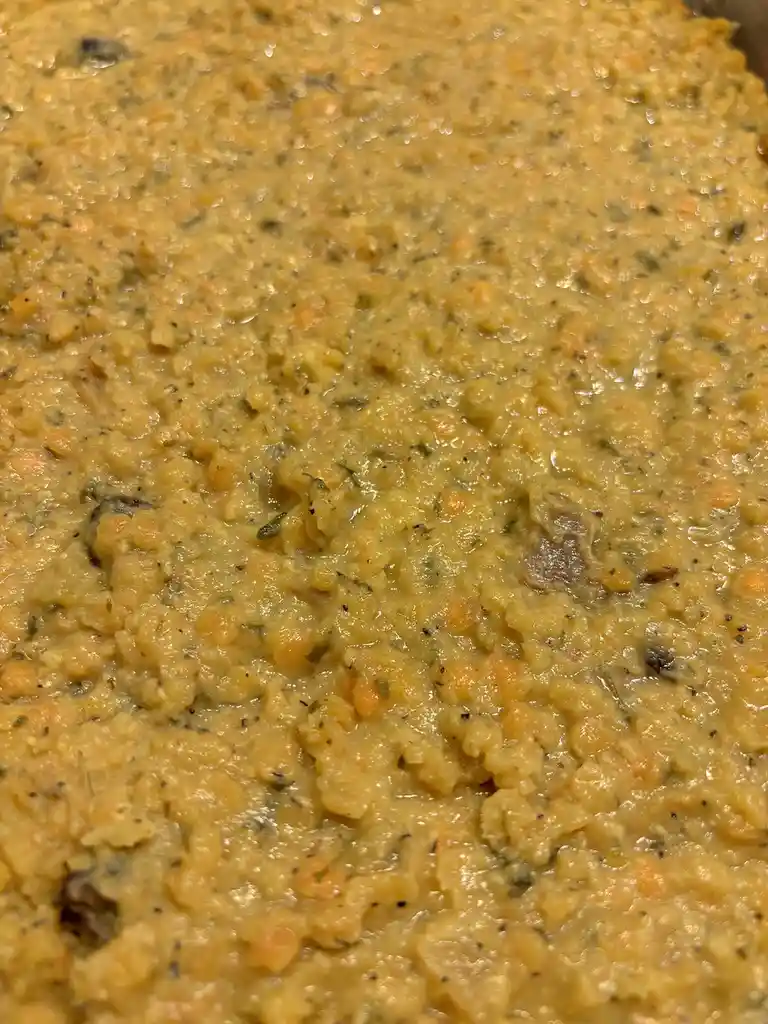 A close-up photo shows a thick, textured, yellowish-brown dish with visible chunks of orange vegetables, dark specks, and…