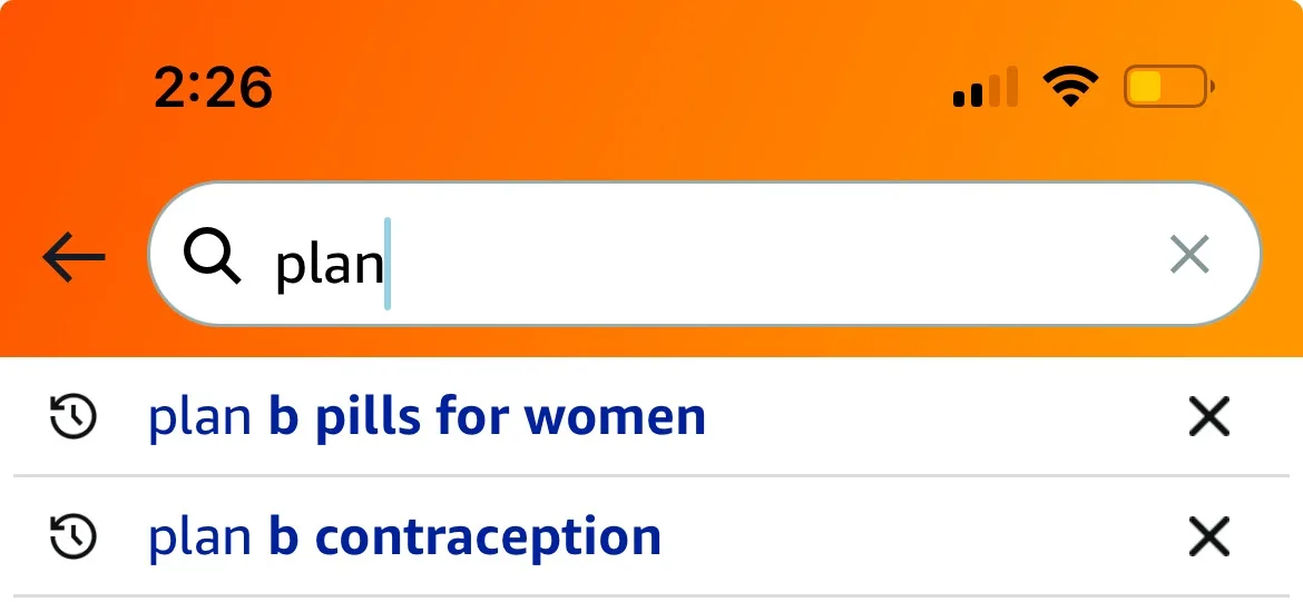 A smartphone screen shows a search bar with the typed word 'plan' and two autocomplete suggestions: 'plan b pills for women'…